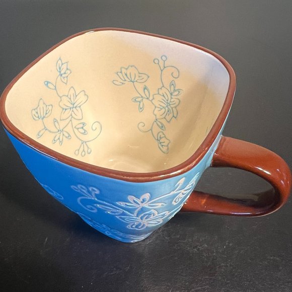 Set of 4 Temp-Tations by Tara ~ Aqua Square Mugs w/ White Floral Lace Pattern - Picture 9 of 12